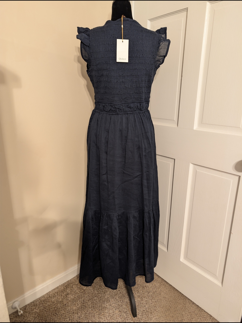 Quince 100% Organic Cotton Tiered Smocked V-neck Maxi Dress Navy Blue Small - Picture 2 of 7